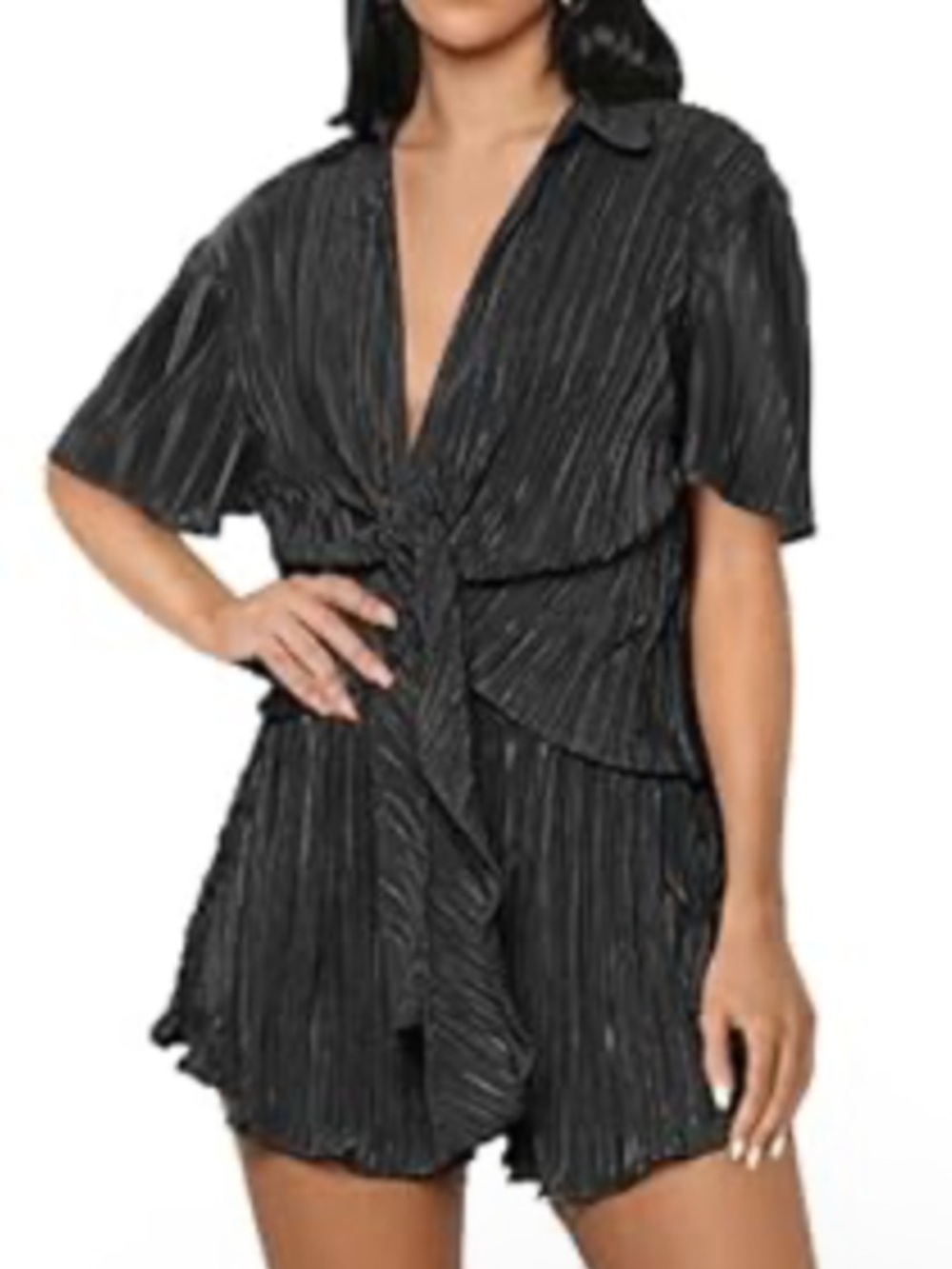 NWT No Label Size M Black 2pc Pleated Deep V Neck Tie Long Sleeve Shorts Set
